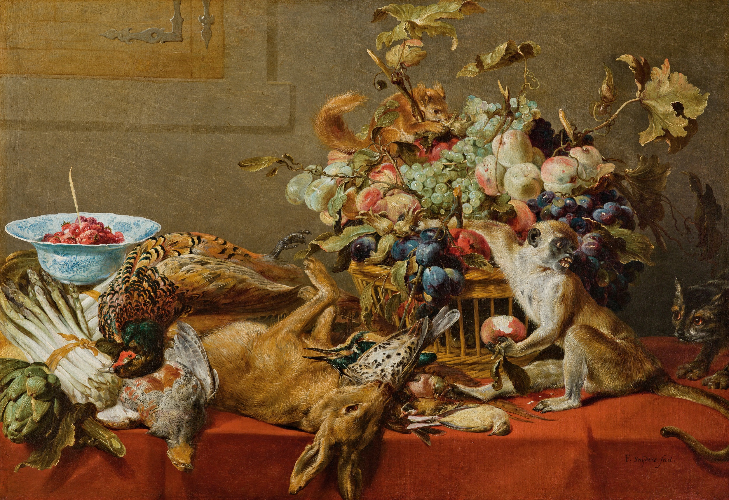 Frans Snyders (1579 – 1657), Still Life with Fruit, Dead Game, Vegetables, a live Monkey, Squirrel and Cat Frans Snyders (1579 – 1657), Still Life with Fruit, Dead Game, Vegetables, a live Monkey, Squirrel and Cat
